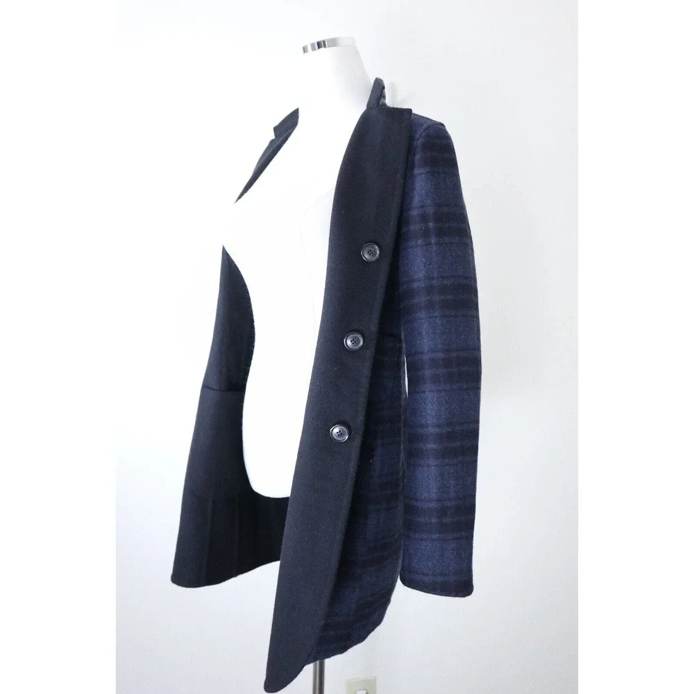 Akris US 4 Double Faced Wool Reversible Longline Jacket Navy Plaid Black - Picture 8 of 16